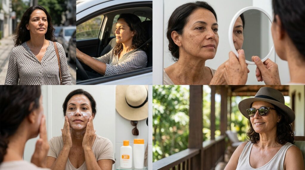 Corte da pele mostra radiação ultravioleta atingindo diferentes camadas e afetando fibras de sustentação.