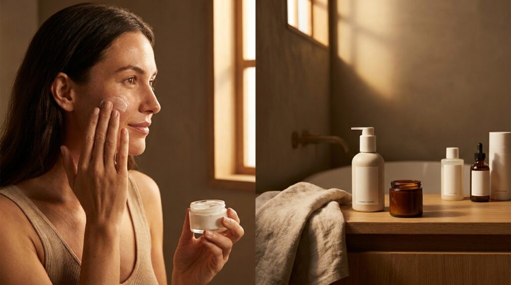 Mulher aplicando hidratante no rosto limpo durante sua rotina de cuidados com a pele antes de dormir.