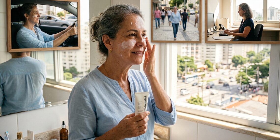 Mulher com mais de 50 anos aplica protetor solar antes de iniciar a rotina diária fora de casa.