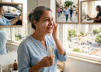 Mulher com mais de 50 anos aplica protetor solar antes de iniciar a rotina diária fora de casa.