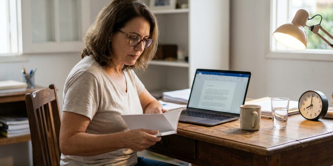 Mulher inicia uma tarefa no mesmo ambiente organizado que utiliza todos os dias.