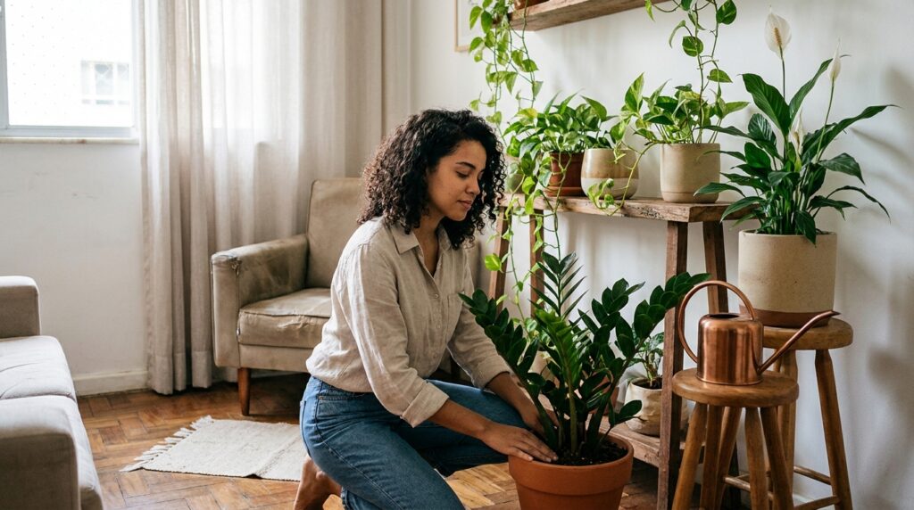 Mulher cuidando de plantas ornamentais em um apartamento iluminado por luz natural indireta.