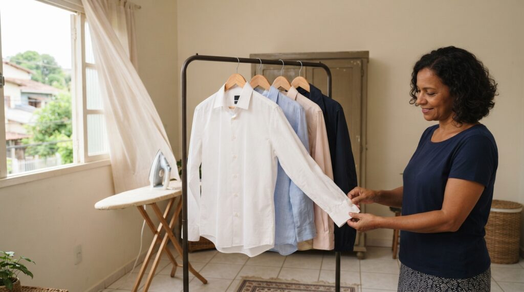 Mulher brasileira verifica o punho de uma camisa branca pendurada em um cabideiro, ao lado de outras roupas recém-passadas em ambiente ventilado.