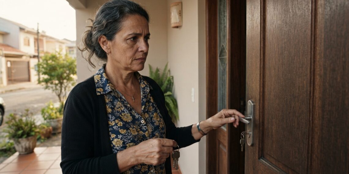Mulher de aproximadamente 50 anos segura as chaves e olha com expressão de dúvida para a fechadura da porta de casa.
