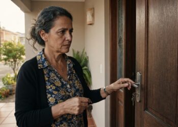 Mulher de aproximadamente 50 anos segura as chaves e olha com expressão de dúvida para a fechadura da porta de casa.