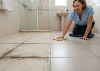 Piso de banheiro com rejunte antigo escurecido de um lado e rejunte epóxi claro e uniforme do outro, enquanto uma mulher realiza a limpeza.