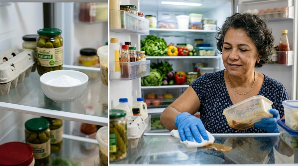 Mulher limpa a geladeira enquanto mantém um pote aberto com bicarbonato na prateleira.
