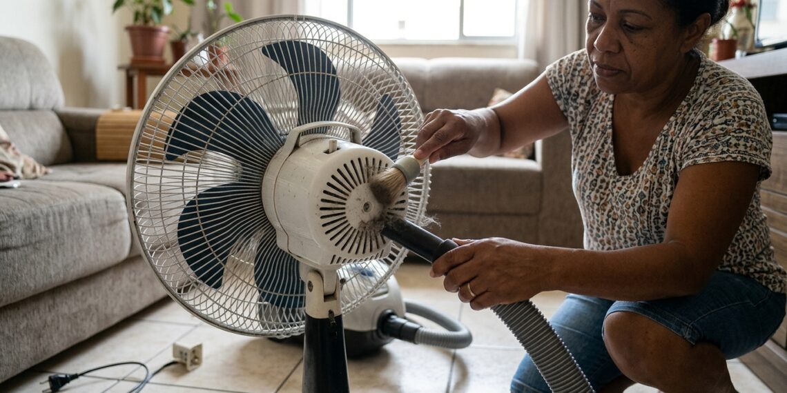 Mulher limpa com pincel as entradas de ar da carcaça do motor de um ventilador desligado.