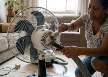 Mulher limpa com pincel as entradas de ar da carcaça do motor de um ventilador desligado.