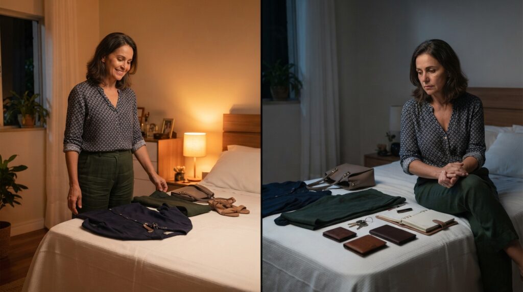 Composição dividida mostra a mesma mulher brasileira preparando roupas de forma tranquila e, em outra cena, observando os objetos organizados com expressão preocupada.