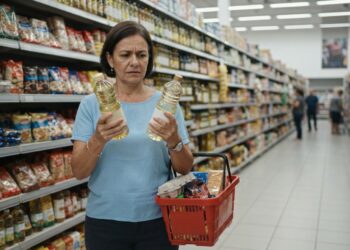 Mulher madura compara dois produtos diante de uma prateleira com muitas opções em um supermercado desconhecido.