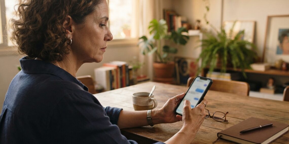 Mulher sentada à mesa segura um celular e hesita antes de enviar uma mensagem, com expressão de concentração.