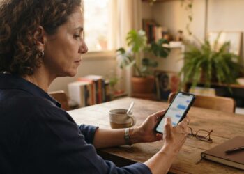 Mulher sentada à mesa segura um celular e hesita antes de enviar uma mensagem, com expressão de concentração.