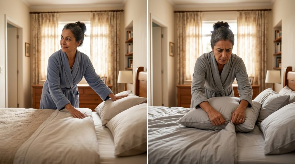 Woman_contrasting_morning_routines_20261002154746-1024x572 A psicologia indica que arrumar a cama logo ao acordar pode funcionar como uma pequena sensação de controle antes das demandas do dia