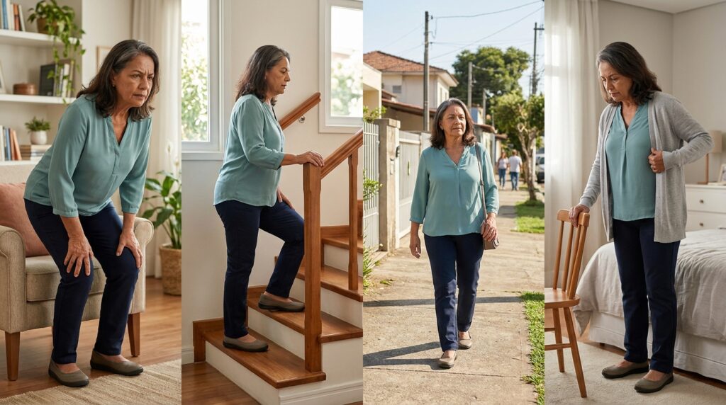 Montagem de quatro cenas com mulher idosa levantando da cadeira, subindo escadas, caminhando e realizando uma tarefa que exige equilíbrio.