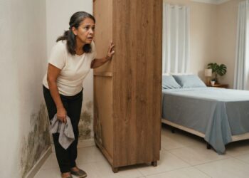 Mulher brasileira madura observa manchas de mofo na parede atrás de um guarda-roupa de madeira durante a limpeza do quarto.