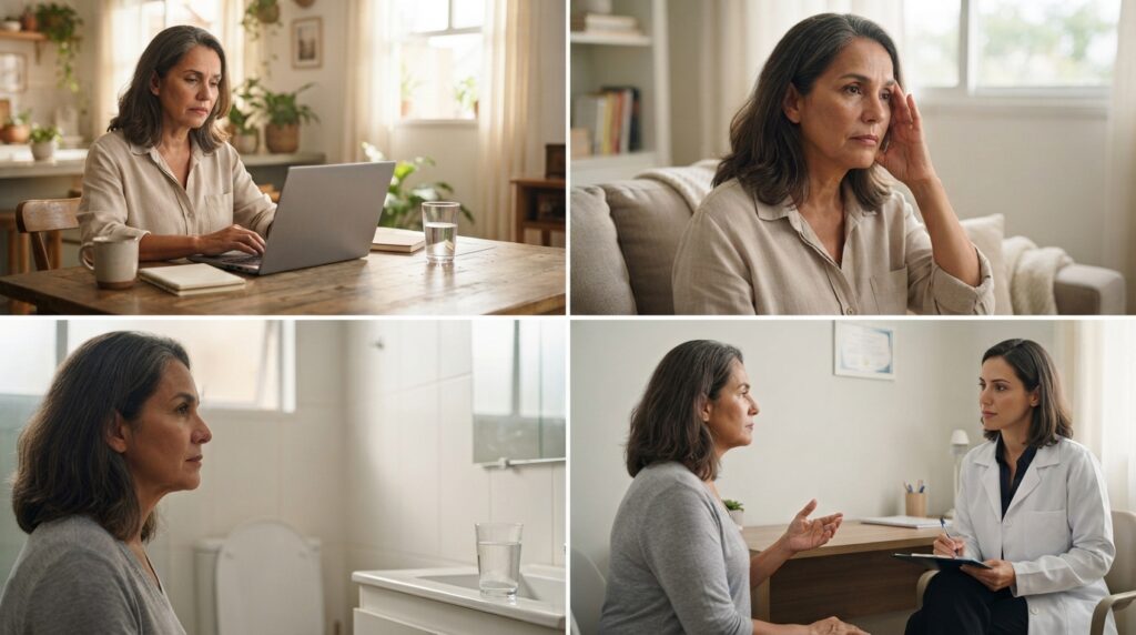 Quatro cenas mostram uma mulher brasileira madura com cansaço, desconforto na cabeça, atenção à hidratação e conversa com uma profissional de saúde.