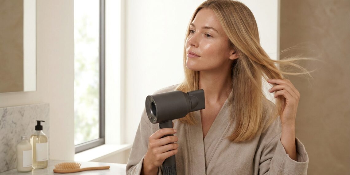 Mulher finalizando a secagem do cabelo com um secador em casa, preparando os fios para a etapa final de cuidados.