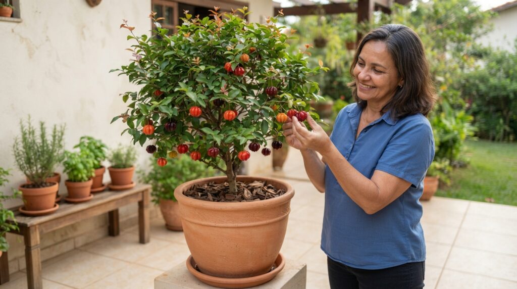 Mulher brasileira observa uma pitangueira compacta com frutos vermelhos cultivada em um vaso grande sobre uma varanda ensolarada.