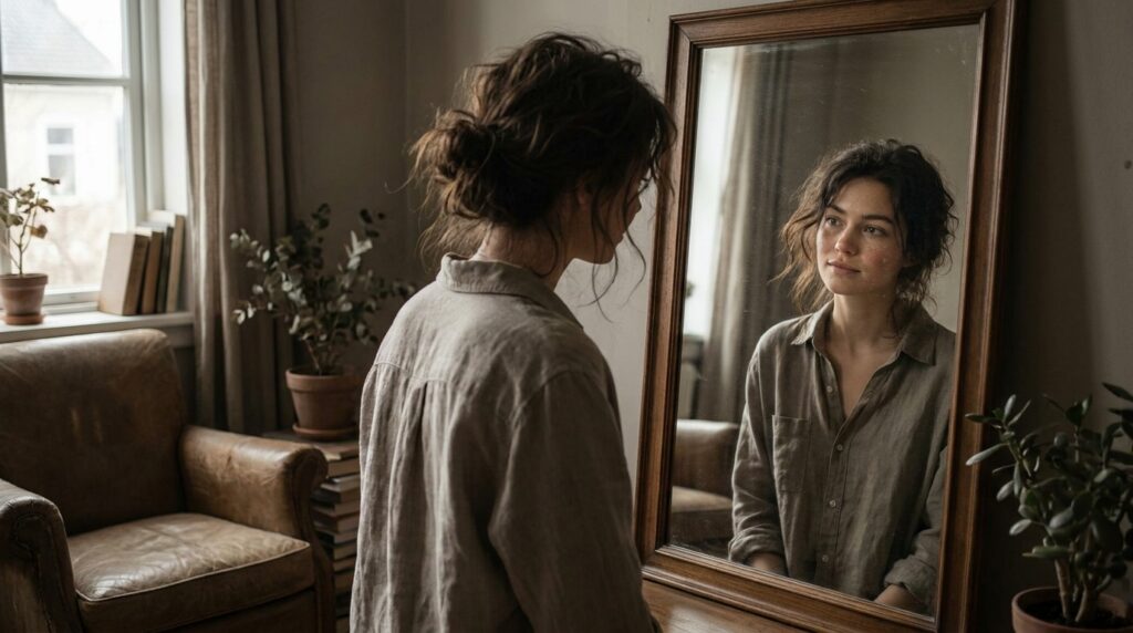 Woman_examining_mirror_reflection_20261022204357-1024x572 A psicologia explica por que depender da aprovação alheia pode enfraquecer a confiança nas próprias decisões