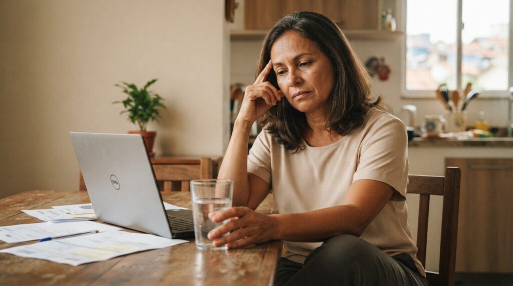 Mulher brasileira de aproximadamente 57 anos sentada à mesa, com a mão próxima à testa e um copo de água ao lado do computador.