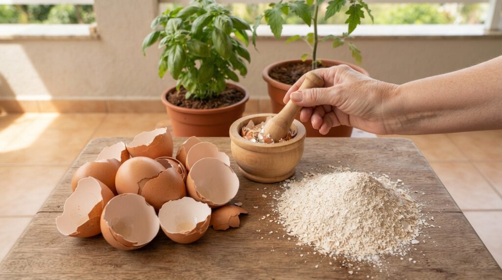 Cascas de ovos em pedaços grandes e pó fino de casca triturada aparecem sobre uma mesa de jardinagem, ao lado de vasos com plantas verdes.