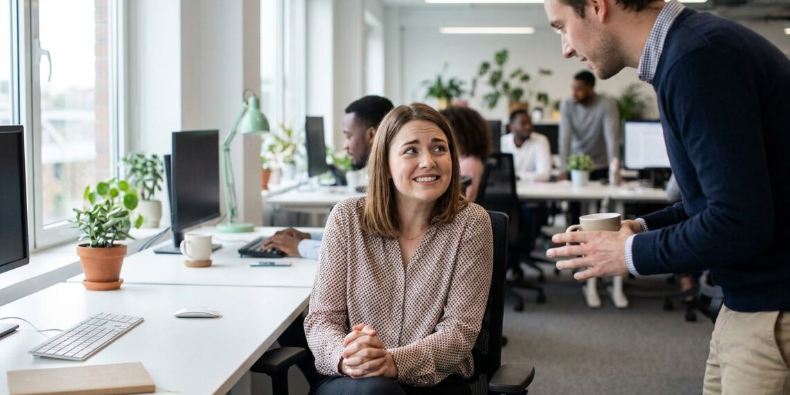 Mulher demonstrando hesitação ao receber um pedido de favor no trabalho, ilustrando a dificuldade de estabelecer limites.
