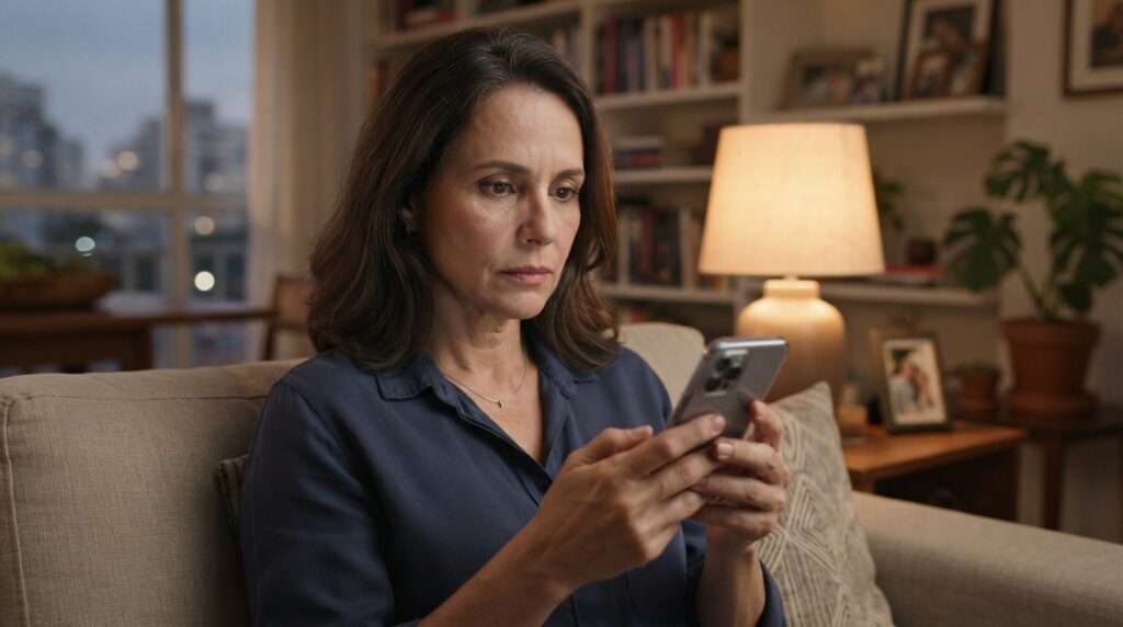 Mulher de aproximadamente 50 anos observa o celular com expressão pensativa enquanto considera como responder a uma mensagem delicada.