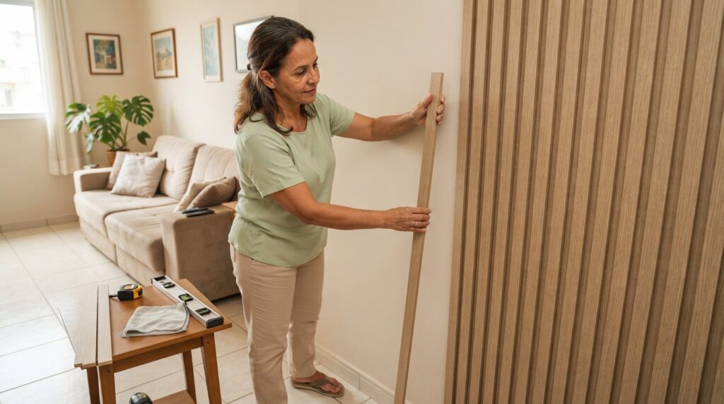 Mulher brasileira madura posiciona uma régua ripada leve em uma parede de sala parcialmente revestida com acabamento que imita madeira.