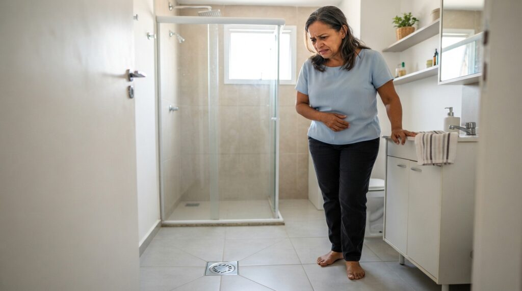 Mulher brasileira madura observa o ralo do banheiro de visitas com expressão de incômodo, apesar de o ambiente estar limpo.