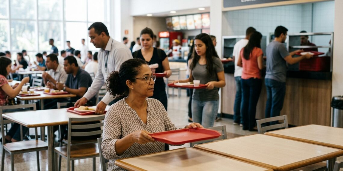 Mulher recolhe a bandeja ao observar outras pessoas fazendo o mesmo no refeitório.