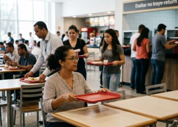 Mulher recolhe a bandeja ao observar outras pessoas fazendo o mesmo no refeitório.