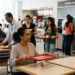 Mulher recolhe a bandeja ao observar outras pessoas fazendo o mesmo no refeitório.