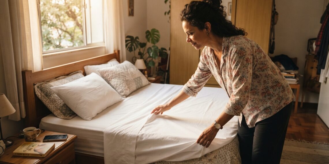 Mulher arrumando a cama pela manhã, esticando o lençol branco em um quarto iluminado pela luz natural.