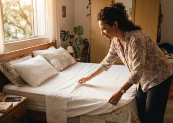 Mulher arrumando a cama pela manhã, esticando o lençol branco em um quarto iluminado pela luz natural.