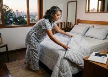 Mulher arruma a cama logo ao acordar antes de iniciar as tarefas do dia.