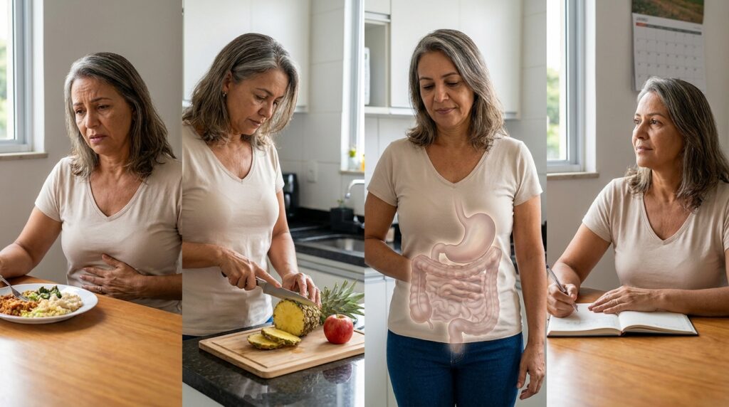 Sequência mostra refeição, sensação de empachamento, consumo de frutas e observação dos sintomas.