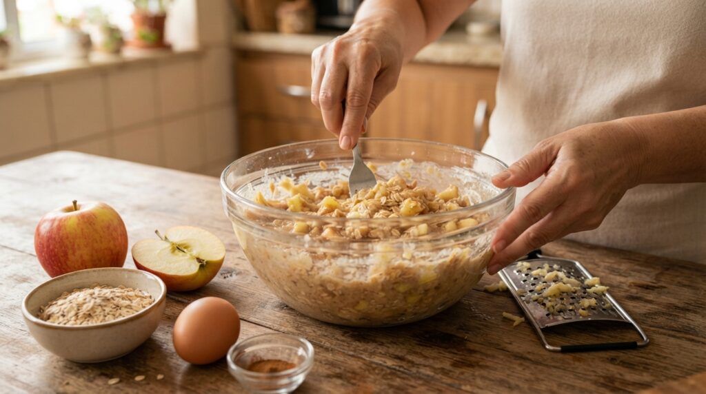 Mãos misturam maçã ralada, aveia, ovo e canela em uma tigela de vidro sobre uma bancada de cozinha.