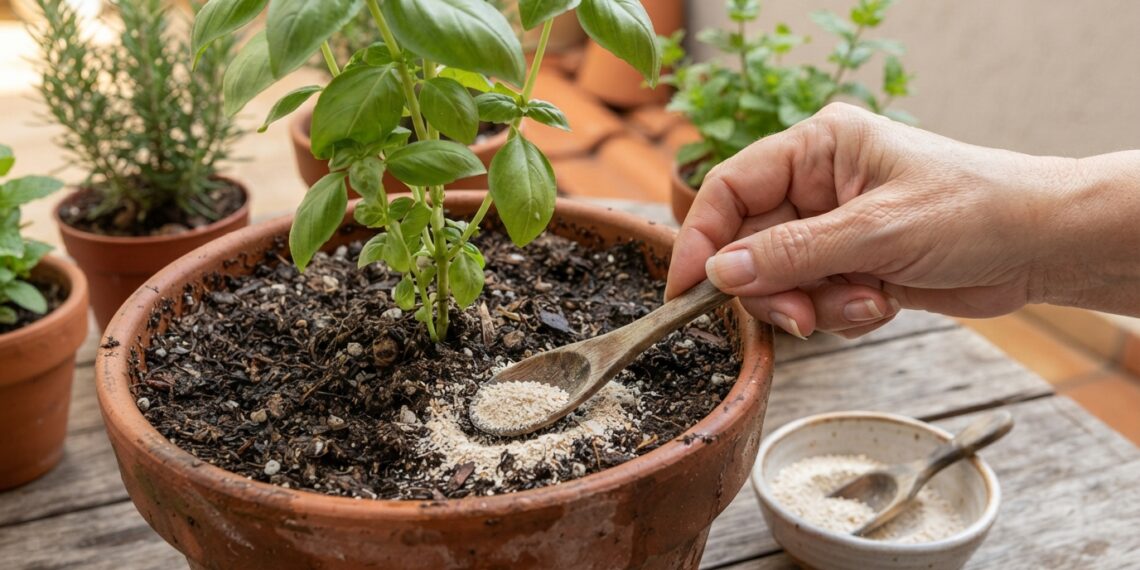 Mão de mulher madura mistura pequena quantidade de casca de ovo triturada à camada superficial da terra em um vaso de manjericão.