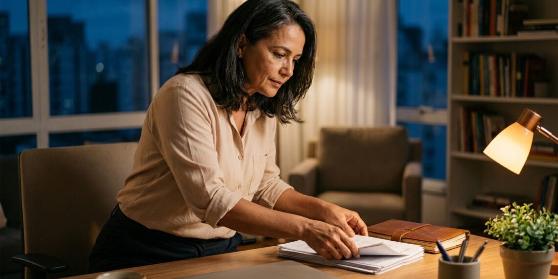 Mulher brasileira de aproximadamente 56 anos organiza papéis e objetos sobre a mesa de trabalho à noite, antes de dormir.
