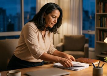 Mulher brasileira de aproximadamente 56 anos organiza papéis e objetos sobre a mesa de trabalho à noite, antes de dormir.
