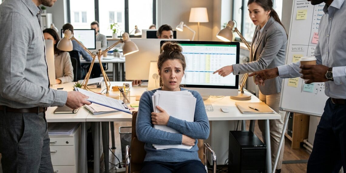 Mulher sobrecarregada no trabalho enquanto colegas solicitam ajuda e entregam novas tarefas.