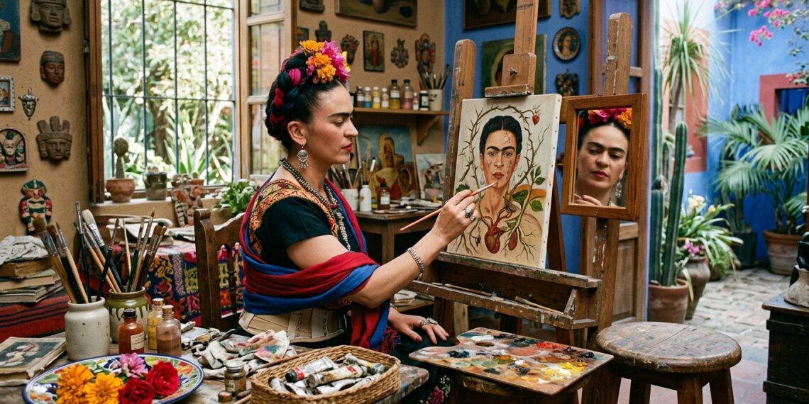 Frida Kahlo pinta um autorretrato diante de um espelho em seu ateliê no México.