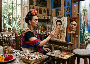 Frida Kahlo pinta um autorretrato diante de um espelho em seu ateliê no México.