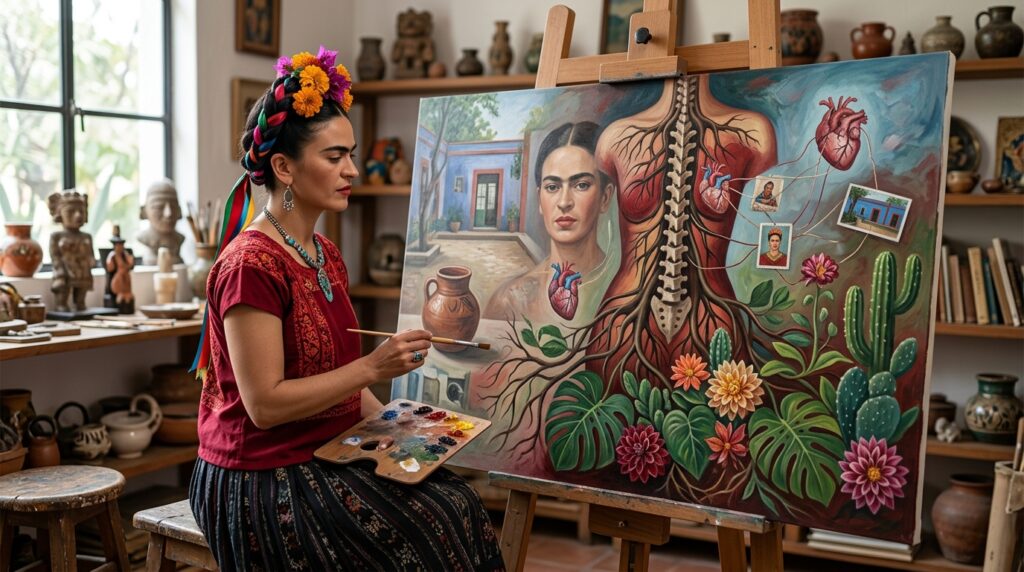 Frida Kahlo transforma referências de sua vida, corpo e memória em elementos simbólicos de uma pintura.
