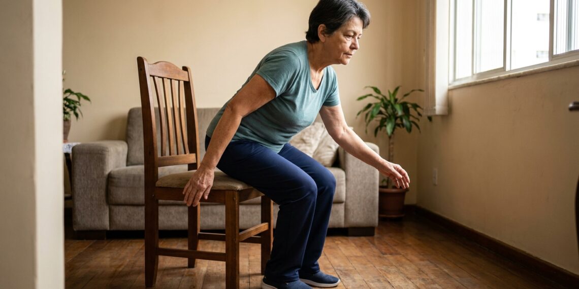 Mulher brasileira de 67 anos realiza exercício de sentar e levantar de uma cadeira em sua sala de estar.