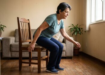 Mulher brasileira de 67 anos realiza exercício de sentar e levantar de uma cadeira em sua sala de estar.