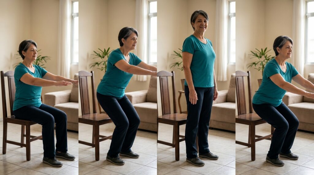Sequência de quatro imagens mostra uma mulher idosa sentada, levantando da cadeira, em pé e retornando ao assento.
