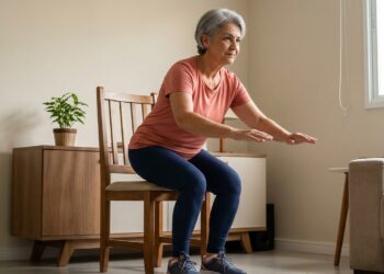 Mulher brasileira de aproximadamente 69 anos realiza exercício de sentar e levantar de uma cadeira para fortalecer as pernas.