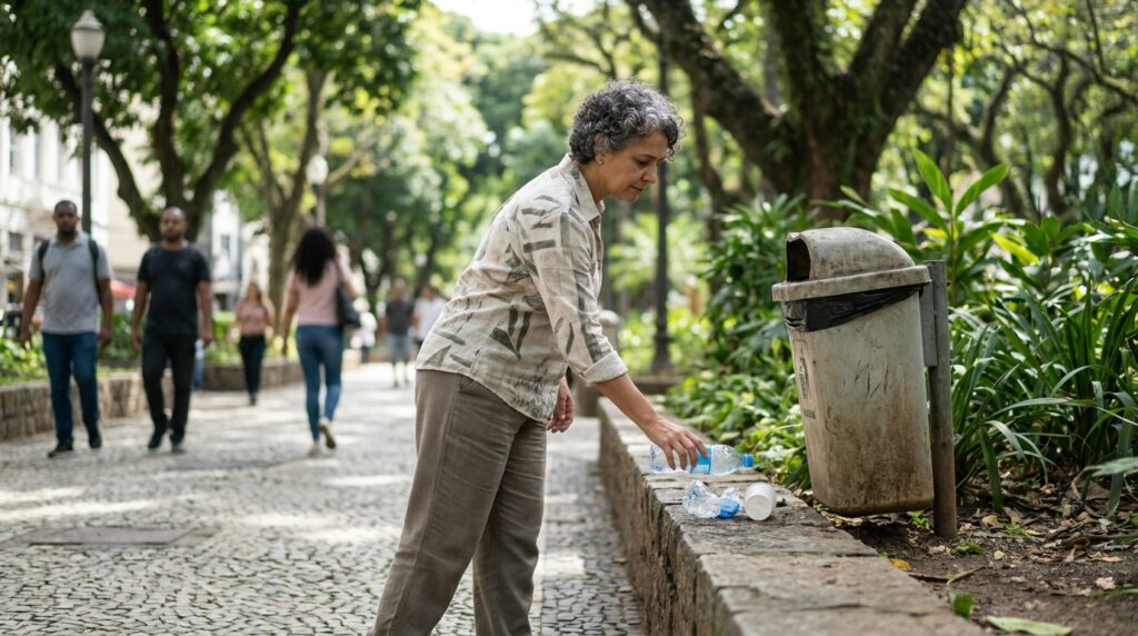 Mulher recolhe lixo deixado por outra pessoa em um espaço público.